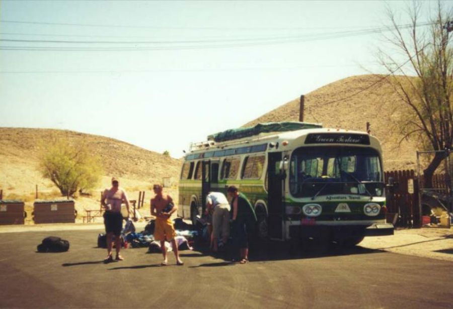 The green tortoise bus at Tacopa Hot Springs 